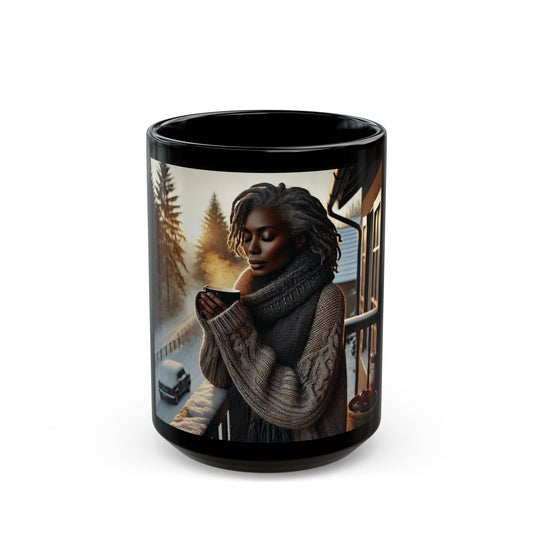 BrewYourVibe Woman Morning Mug — Snowy Porch Cozy Coffee Cup (11oz )