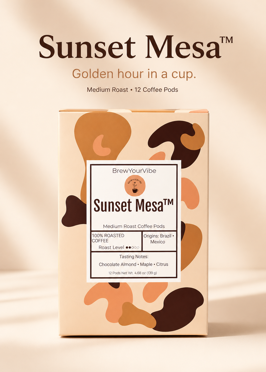 SUNSET MESA™ — Medium Roast Coffee Pods (12ct) - Tasting Notes: Chocolate-Almond • Maple • Citrus - Origins: Brazil • Mexico (Chiapas) — 100% Arabica