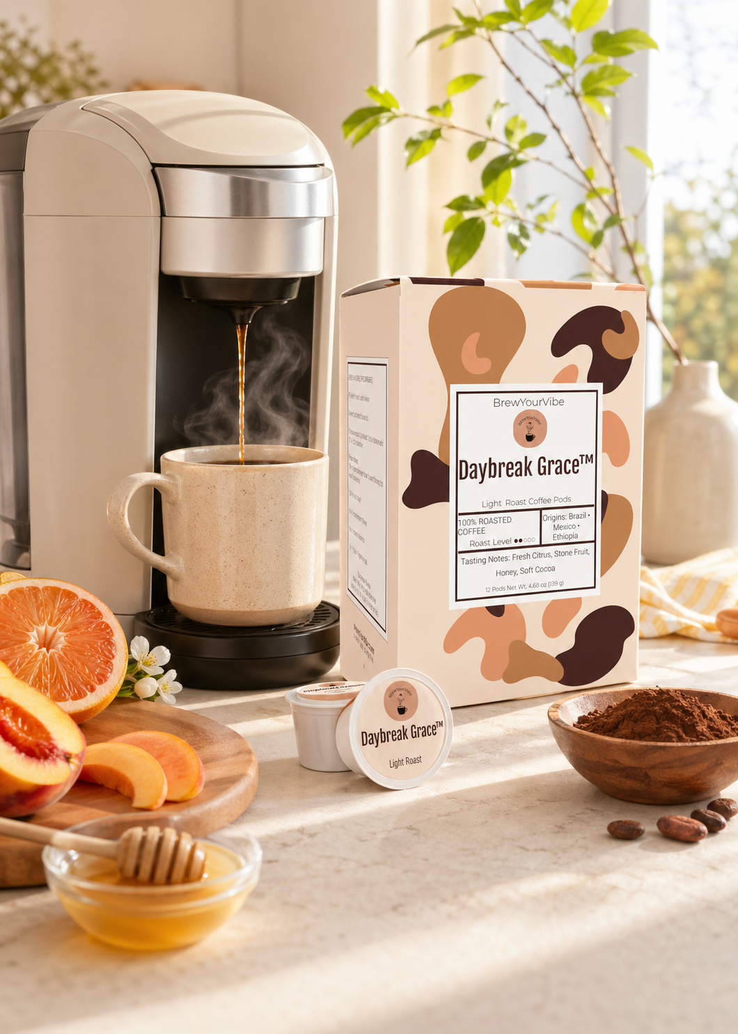 DAYBREAK GRACE™ - Light Roast Coffee Pods (12 Ct) Tasting Notes: Citrus • Stone Fruit • Honey • Cocoa - Origins: Ethiopia • Mexico • Brazil