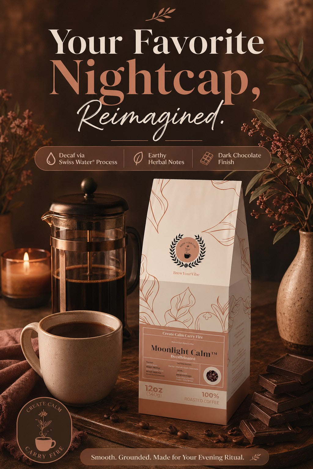 MOONLIGHT CALM™ Decaf -Medium Dark Roast Coffee (Whole Bean) Tasting Notes: Earthy • Herbal Notes • Dark Chocolate - Origin/Region: Indonesia/Mandheling