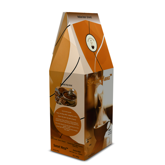 SUNSET MESA™ — Medium Roast Coffee (Ground) Tasting Notes: Chocolate-Almond • Maple • Citrus - Origins: Brazil • Mexico (Chiapas) — 100% Arabica
