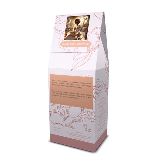 TERRA EMBER™ — Mushroom Coffee (Lion’s Mane and Chaga)- Tasting Notes: Cocoa • Toasted Almond • Gentle Earth - Origin/ Region: Brazil (Cerrado)• Mexico (Chiapas)