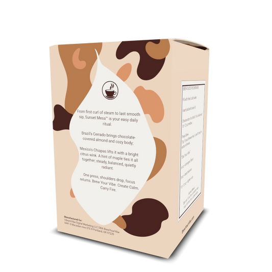 SUNSET MESA™ — Medium Roast Coffee Pods (12ct) - Tasting Notes: Chocolate-Almond • Maple • Citrus - Origins: Brazil • Mexico (Chiapas) — 100% Arabica