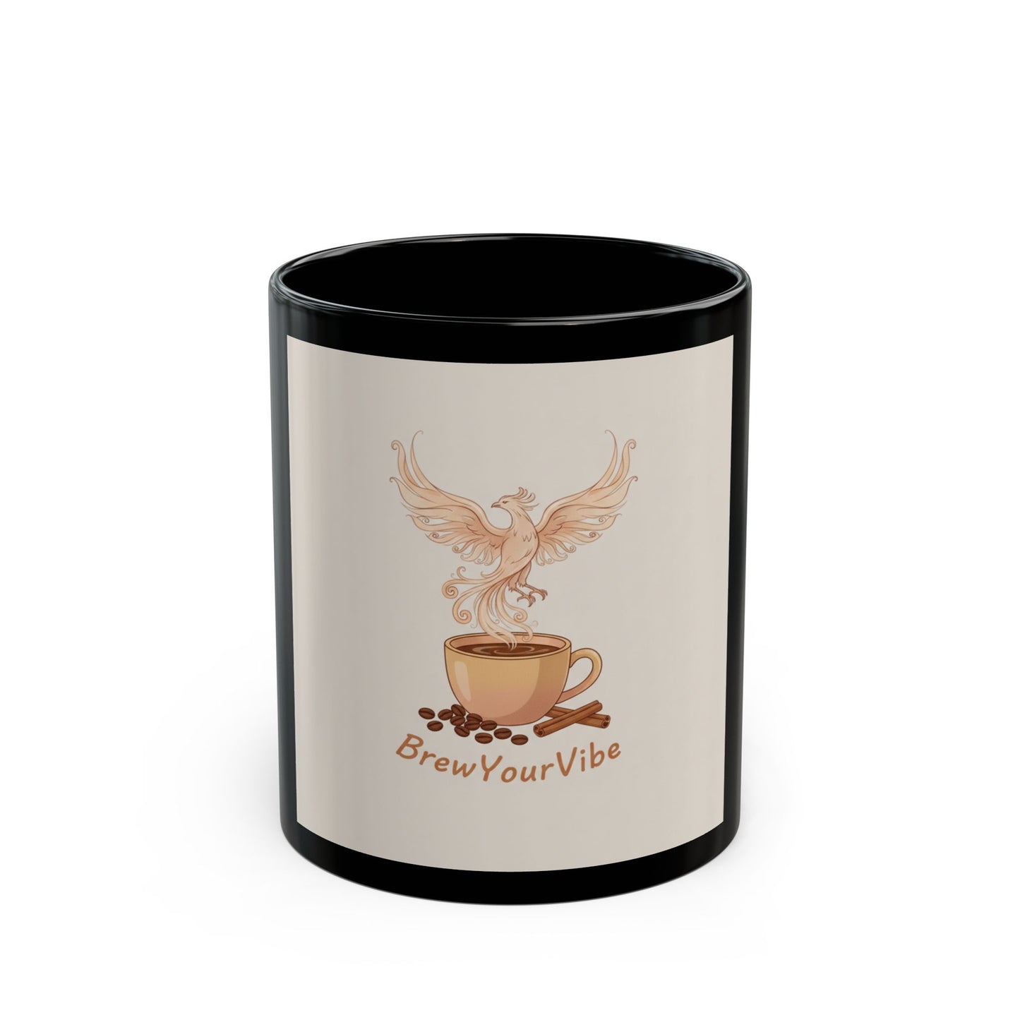 BrewYourVibe Colorful Phoenix Mug — Black Ceramic Coffee Cup (11oz/15oz)