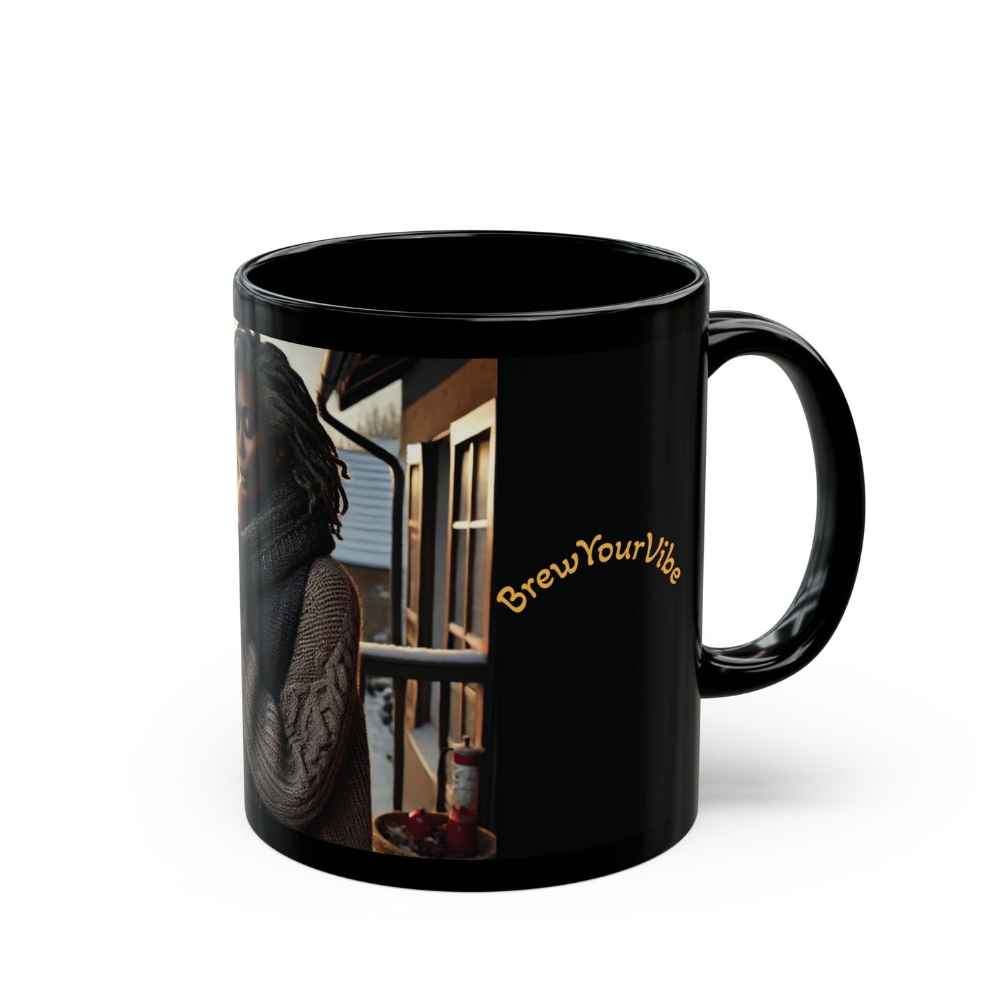 BrewYourVibe Woman Morning Mug — Snowy Porch Cozy Coffee Cup (11oz )