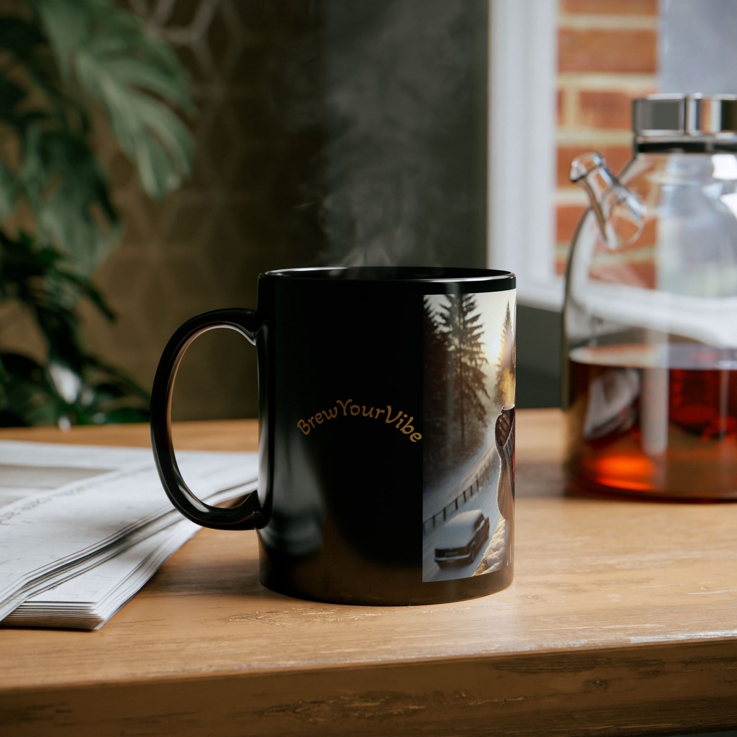 BrewYourVibe Woman Morning Mug — Snowy Porch Cozy Coffee Cup (11oz )