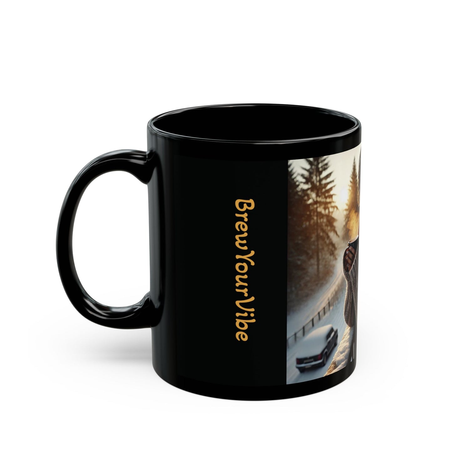 BrewYourVibe Woman Morning Mug — Snowy Porch Cozy Coffee Cup (11oz )