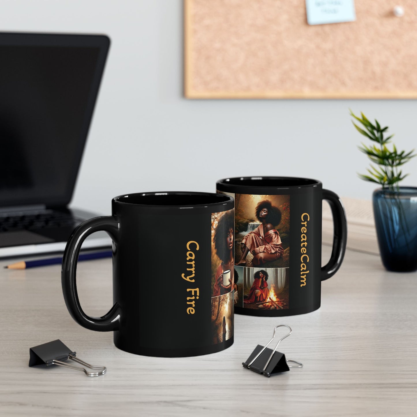 Create Calm Carry Fire Black Ceramic Mug — 11oz Artful Coffee Cup