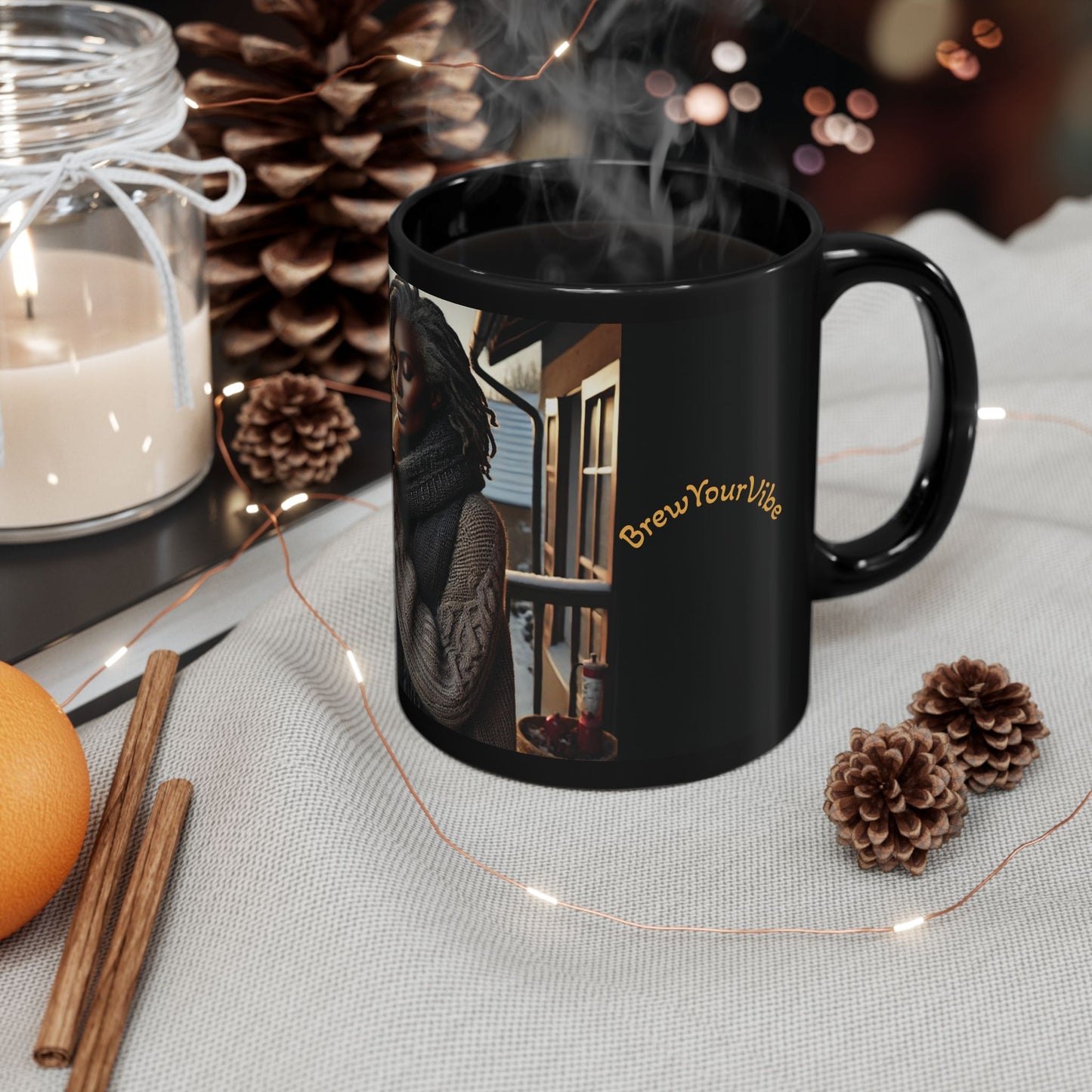 BrewYourVibe Woman Morning Mug — Snowy Porch Cozy Coffee Cup (11oz )