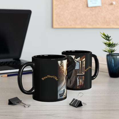 BrewYourVibe Woman Morning Mug — Snowy Porch Cozy Coffee Cup (11oz )
