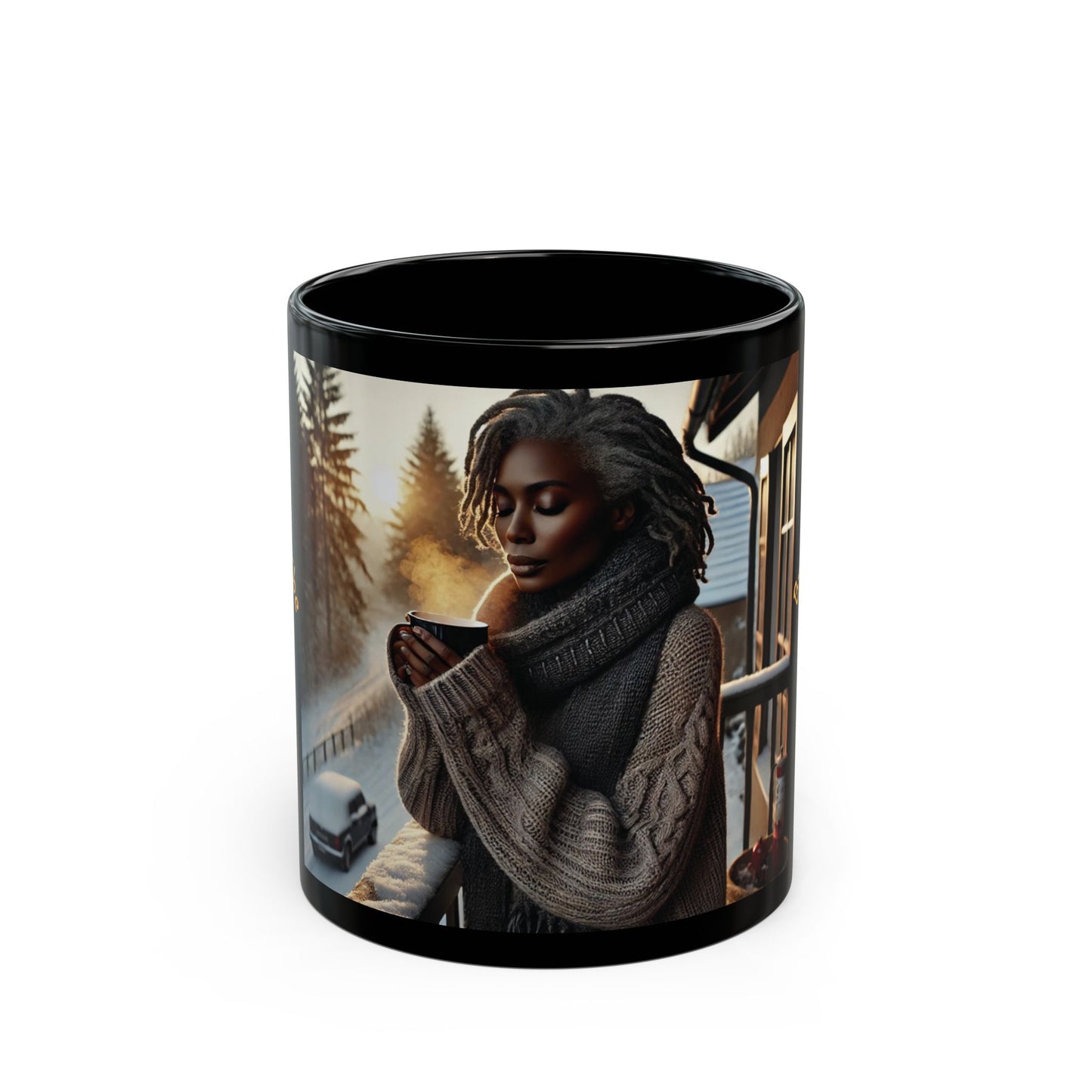 BrewYourVibe Woman Morning Mug — Snowy Porch Cozy Coffee Cup (11oz )