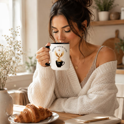 Two-Tone Phoenix Coffee Mug | White Ceramic with Black Inside & Handle, 15 oz