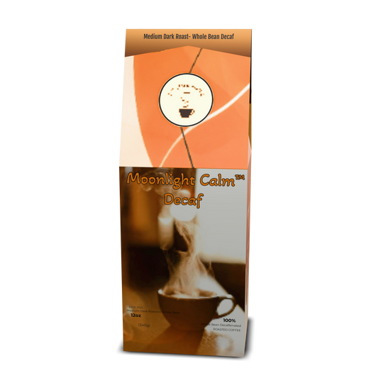 MOONLIGHT CALM™ Decaf -Medium Dark Roast Coffee (Whole Bean) Tasting Notes: Earthy • Herbal Notes •  Dark Chocolate - Origin/Region: Indonesia/Mandheling