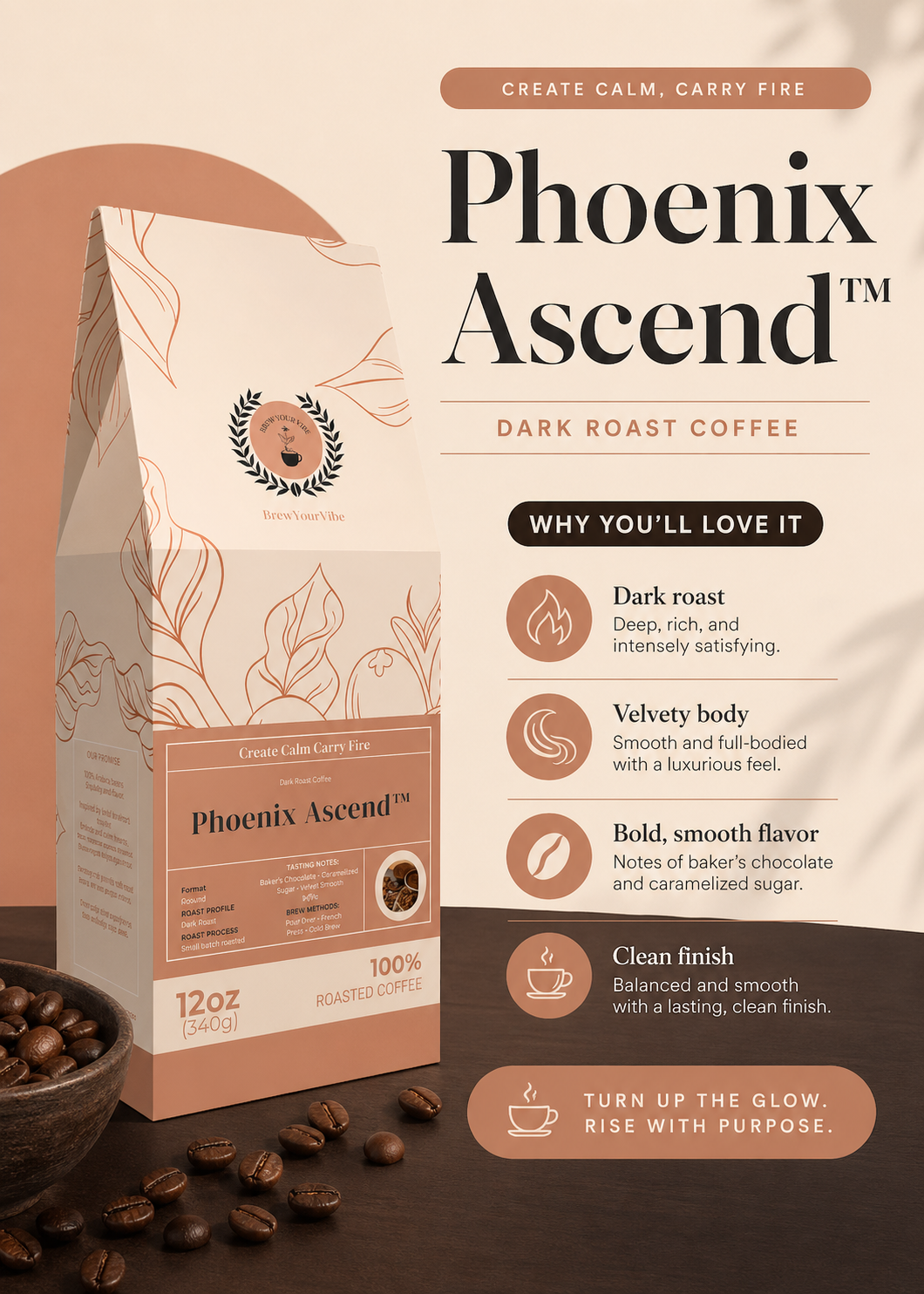 PHOENIX ASCEND™ — Dark Roast Coffee (Ground)- Tasting Notes: Rich Bakers Chocolate • Caramelized Sugar - Origins: Brazil • Mexico • Guatemala