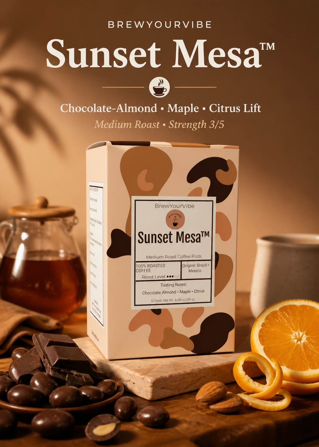 SUNSET MESA™ — Medium Roast Coffee Pods (12ct) - Tasting Notes: Chocolate-Almond • Maple • Citrus - Origins: Brazil • Mexico (Chiapas) — 100% Arabica