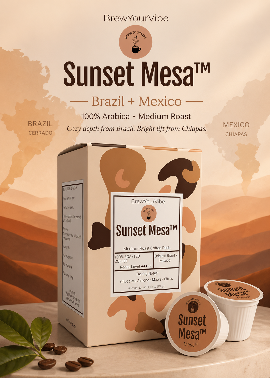 SUNSET MESA™ — Medium Roast Coffee Pods (12ct) - Tasting Notes: Chocolate-Almond • Maple • Citrus - Origins: Brazil • Mexico (Chiapas) — 100% Arabica