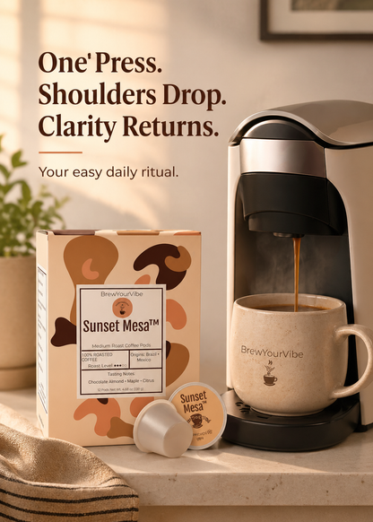 SUNSET MESA™ — Medium Roast Coffee Pods (12ct) - Tasting Notes: Chocolate-Almond • Maple • Citrus - Origins: Brazil • Mexico (Chiapas) — 100% Arabica