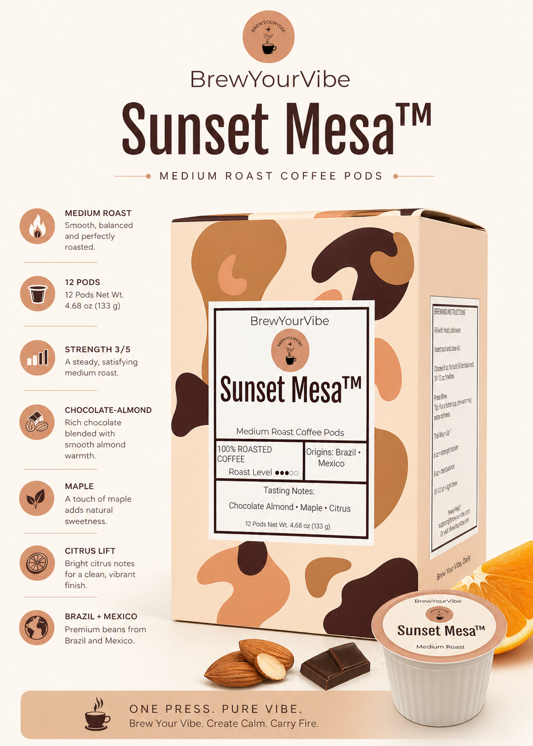 SUNSET MESA™ — Medium Roast Coffee Pods (12ct) - Tasting Notes: Chocolate-Almond • Maple • Citrus - Origins: Brazil • Mexico (Chiapas) — 100% Arabica