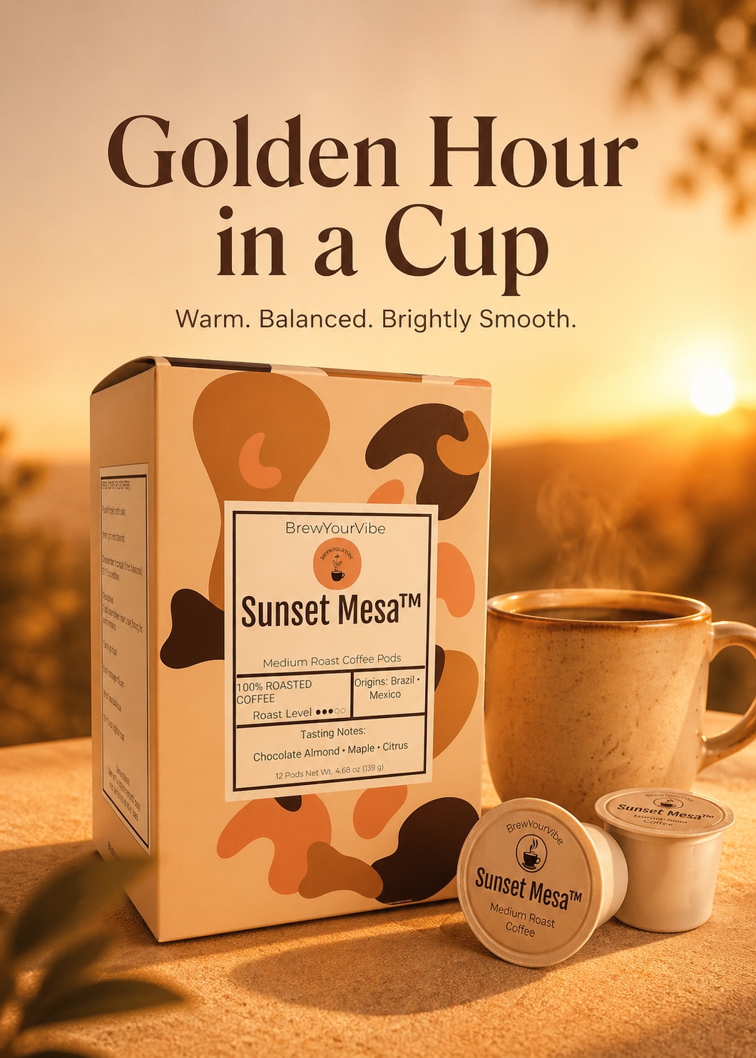 SUNSET MESA™ — Medium Roast Coffee Pods (12ct) - Tasting Notes: Chocolate-Almond • Maple • Citrus - Origins: Brazil • Mexico (Chiapas) — 100% Arabica