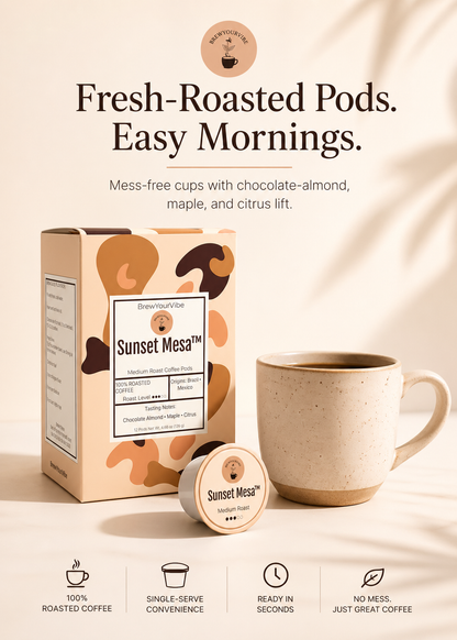 SUNSET MESA™ — Medium Roast Coffee Pods (12ct) - Tasting Notes: Chocolate-Almond • Maple • Citrus - Origins: Brazil • Mexico (Chiapas) — 100% Arabica