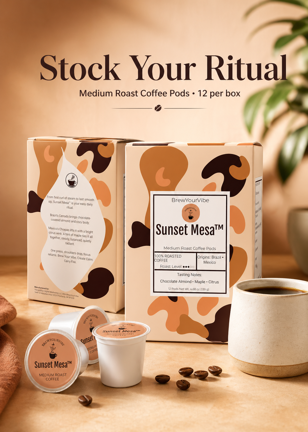 SUNSET MESA™ — Medium Roast Coffee Pods (12ct) - Tasting Notes: Chocolate-Almond • Maple • Citrus - Origins: Brazil • Mexico (Chiapas) — 100% Arabica