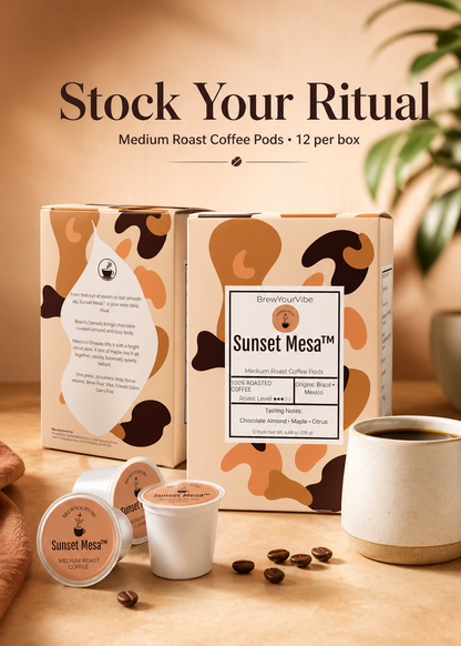 SUNSET MESA™ — Medium Roast Coffee Pods (12ct) - Tasting Notes: Chocolate-Almond • Maple • Citrus - Origins: Brazil • Mexico (Chiapas) — 100% Arabica