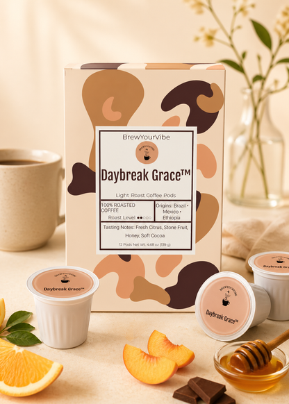 DAYBREAK GRACE™ - Light Roast Coffee Pods (12 Ct) Tasting Notes: Citrus • Stone Fruit • Honey • Cocoa - Origins: Ethiopia • Mexico • Brazil