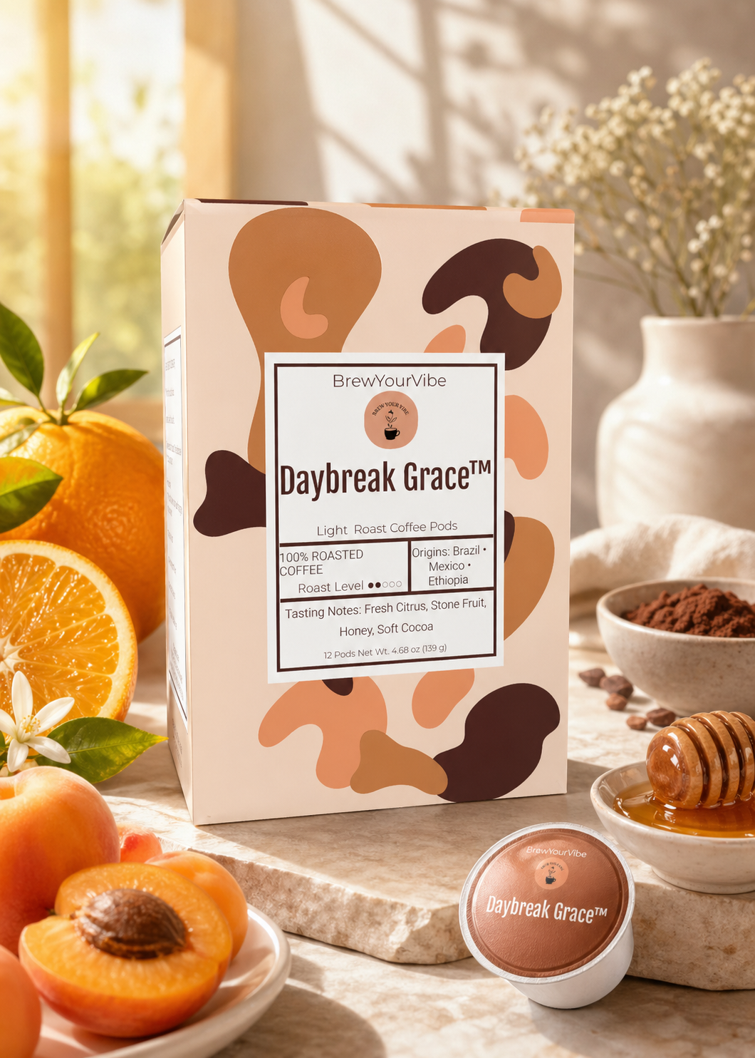 DAYBREAK GRACE™ - Light Roast Coffee Pods (12 Ct) Tasting Notes: Citrus • Stone Fruit • Honey • Cocoa - Origins: Ethiopia • Mexico • Brazil
