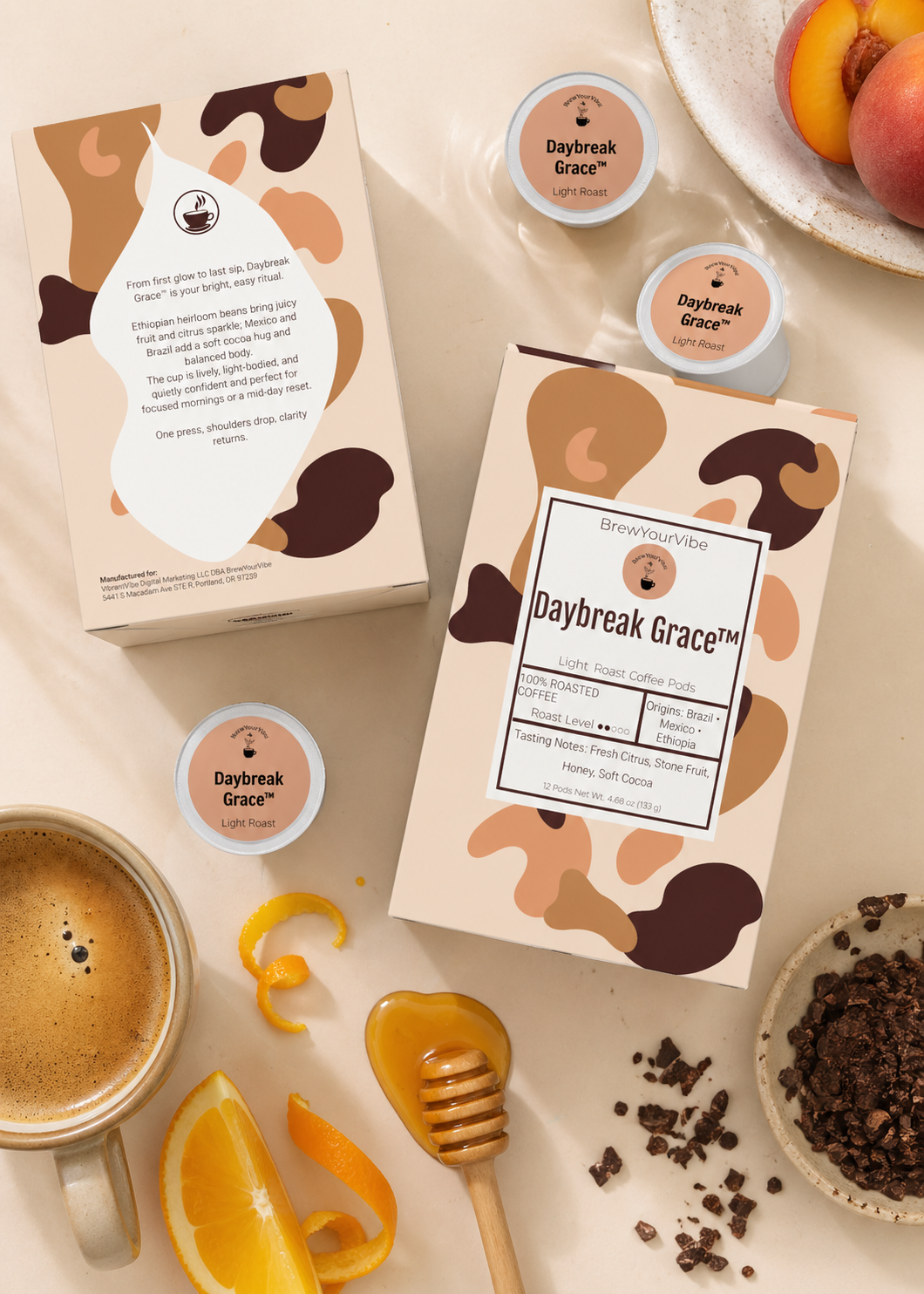 DAYBREAK GRACE™ - Light Roast Coffee Pods (12 Ct) Tasting Notes: Citrus • Stone Fruit • Honey • Cocoa - Origins: Ethiopia • Mexico • Brazil