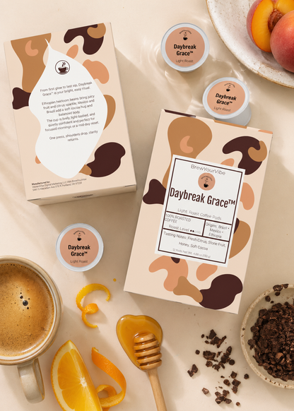 DAYBREAK GRACE™ - Light Roast Coffee Pods (12 Ct) Tasting Notes: Citrus • Stone Fruit • Honey • Cocoa - Origins: Ethiopia • Mexico • Brazil