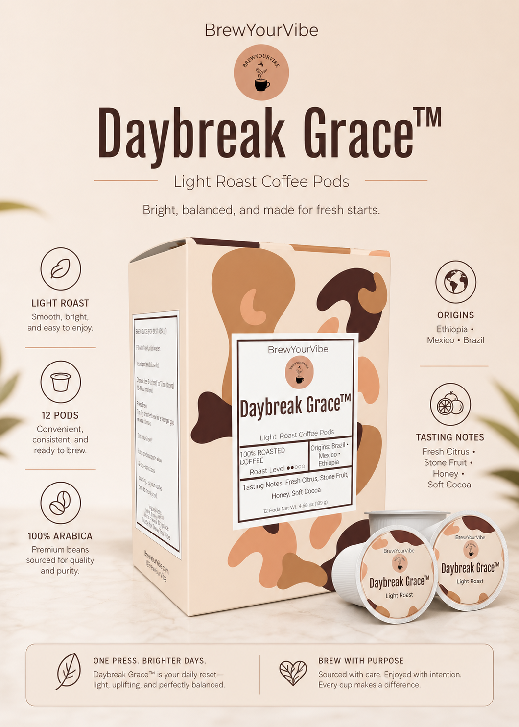 DAYBREAK GRACE™ - Light Roast Coffee Pods (12 Ct) Tasting Notes: Citrus • Stone Fruit • Honey • Cocoa - Origins: Ethiopia • Mexico • Brazil