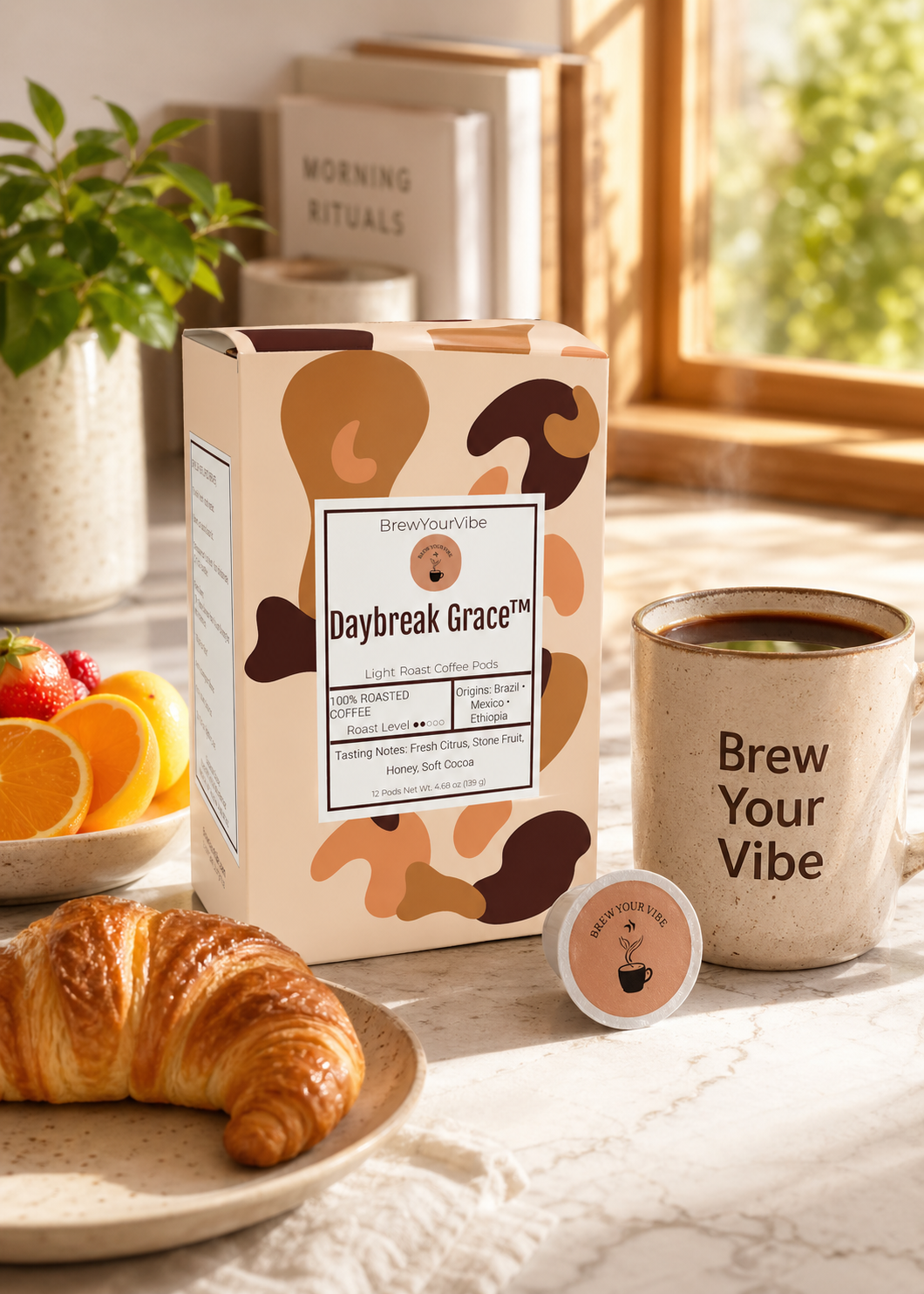 DAYBREAK GRACE™ - Light Roast Coffee Pods (12 Ct) Tasting Notes: Citrus • Stone Fruit • Honey • Cocoa - Origins: Ethiopia • Mexico • Brazil