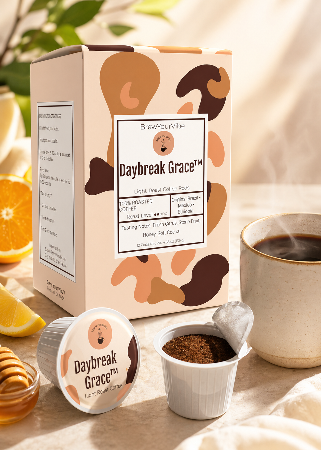 DAYBREAK GRACE™ - Light Roast Coffee Pods (12 Ct) Tasting Notes: Citrus • Stone Fruit • Honey • Cocoa - Origins: Ethiopia • Mexico • Brazil