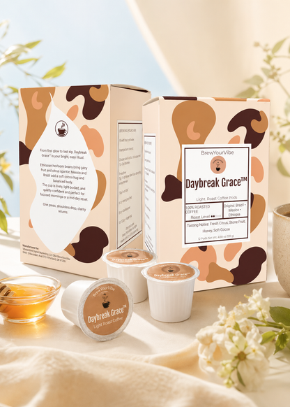 DAYBREAK GRACE™ - Light Roast Coffee Pods (12 Ct) Tasting Notes: Citrus • Stone Fruit • Honey • Cocoa - Origins: Ethiopia • Mexico • Brazil
