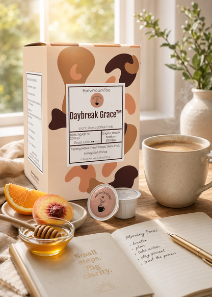 DAYBREAK GRACE™ - Light Roast Coffee Pods (12 Ct) Tasting Notes: Citrus • Stone Fruit • Honey • Cocoa - Origins: Ethiopia • Mexico • Brazil