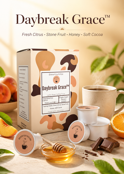 DAYBREAK GRACE™ - Light Roast Coffee Pods (12 Ct) Tasting Notes: Citrus • Stone Fruit • Honey • Cocoa - Origins: Ethiopia • Mexico • Brazil