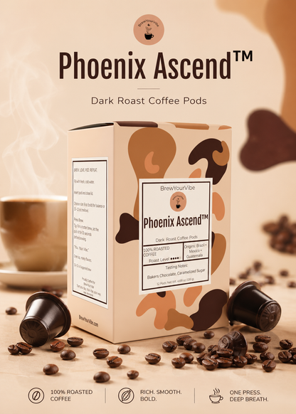 PHOENIX ASCEND™ — Dark Roast Coffee Pods (12 Ct) - Tasting Notes: Rich Bakers Chocolate • Caramelized Sugar - Origins: Brazil • Mexico • Guatemala