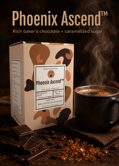 PHOENIX ASCEND™ — Dark Roast Coffee Pods (12 Ct) - Tasting Notes: Rich Bakers Chocolate • Caramelized Sugar - Origins: Brazil • Mexico • Guatemala