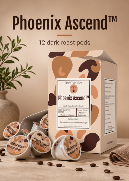 PHOENIX ASCEND™ — Dark Roast Coffee Pods (12 Ct) - Tasting Notes: Rich Bakers Chocolate • Caramelized Sugar - Origins: Brazil • Mexico • Guatemala