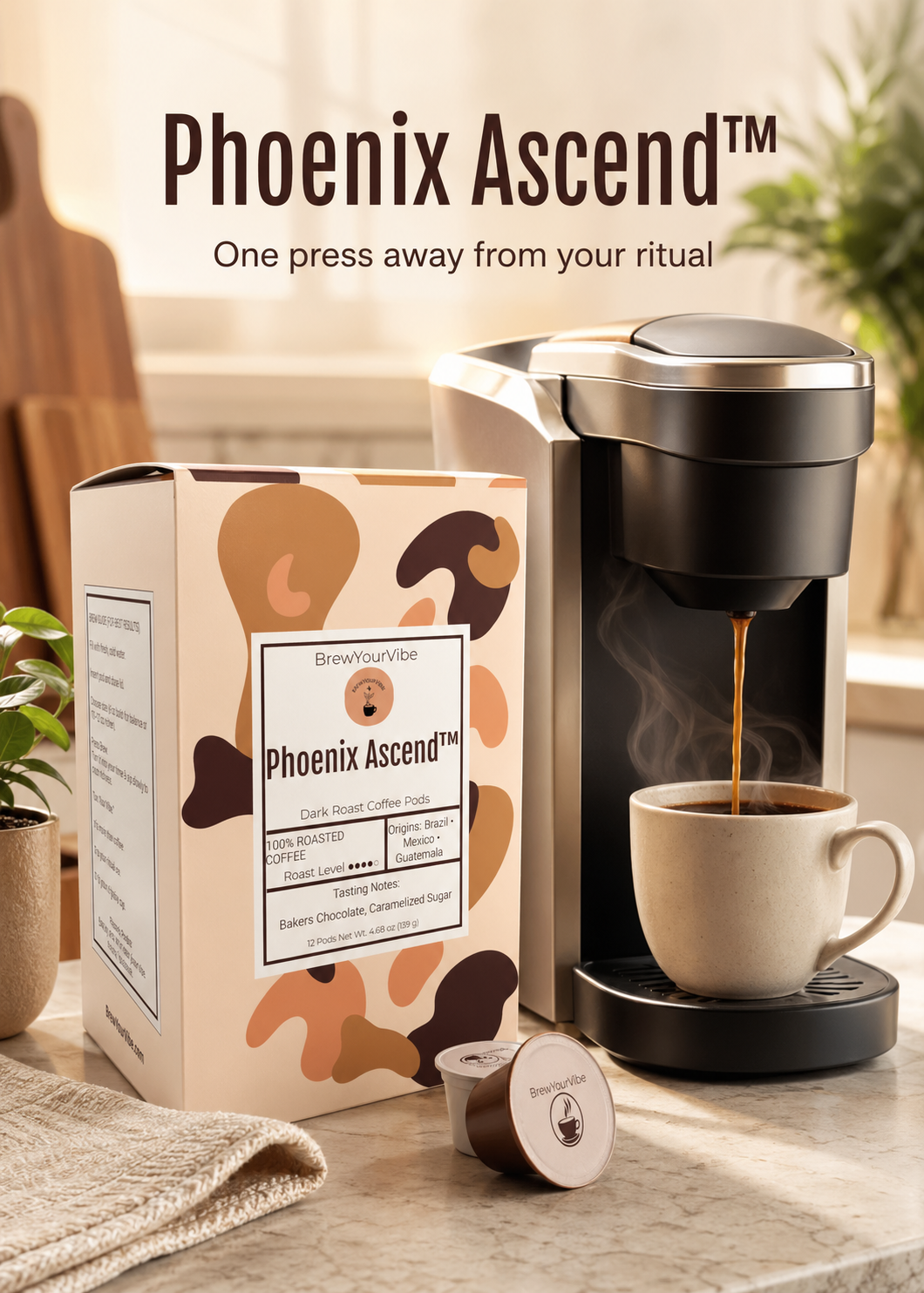 PHOENIX ASCEND™ — Dark Roast Coffee Pods (12 Ct) - Tasting Notes: Rich Bakers Chocolate • Caramelized Sugar - Origins: Brazil • Mexico • Guatemala