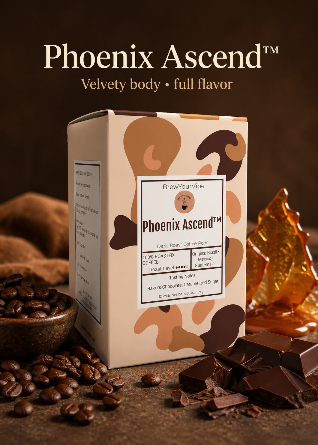 PHOENIX ASCEND™ — Dark Roast Coffee Pods (12 Ct) - Tasting Notes: Rich Bakers Chocolate • Caramelized Sugar - Origins: Brazil • Mexico • Guatemala
