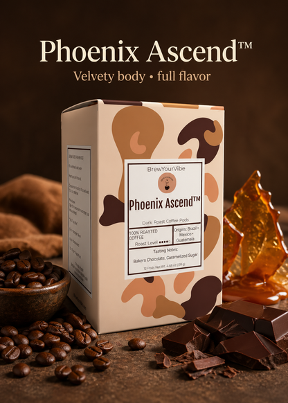 PHOENIX ASCEND™ — Dark Roast Coffee Pods (12 Ct) - Tasting Notes: Rich Bakers Chocolate • Caramelized Sugar - Origins: Brazil • Mexico • Guatemala