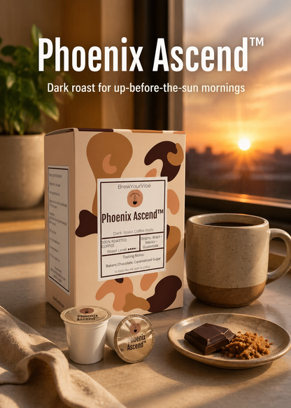 PHOENIX ASCEND™ — Dark Roast Coffee Pods (12 Ct) - Tasting Notes: Rich Bakers Chocolate • Caramelized Sugar - Origins: Brazil • Mexico • Guatemala