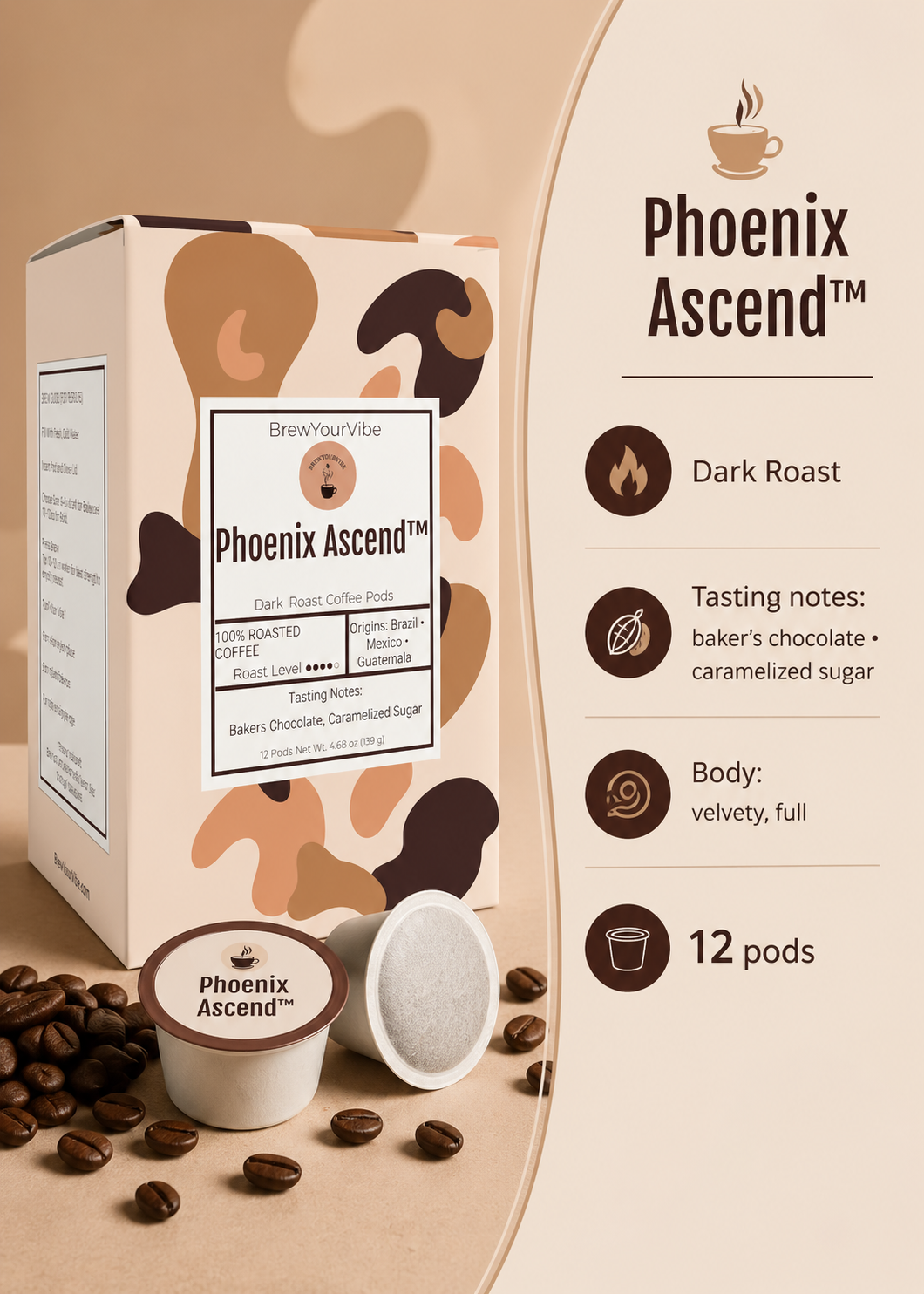 PHOENIX ASCEND™ — Dark Roast Coffee Pods (12 Ct) - Tasting Notes: Rich Bakers Chocolate • Caramelized Sugar - Origins: Brazil • Mexico • Guatemala