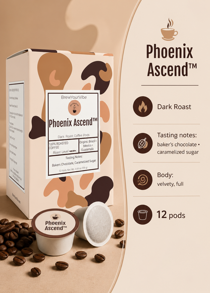 PHOENIX ASCEND™ — Dark Roast Coffee Pods (12 Ct) - Tasting Notes: Rich Bakers Chocolate • Caramelized Sugar - Origins: Brazil • Mexico • Guatemala