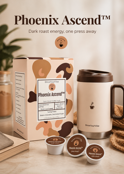 PHOENIX ASCEND™ — Dark Roast Coffee Pods (12 Ct) - Tasting Notes: Rich Bakers Chocolate • Caramelized Sugar - Origins: Brazil • Mexico • Guatemala