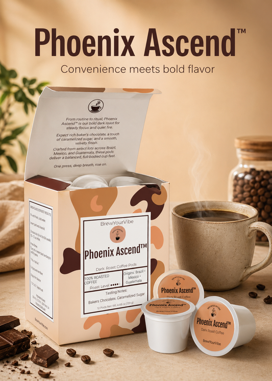PHOENIX ASCEND™ — Dark Roast Coffee Pods (12 Ct) - Tasting Notes: Rich Bakers Chocolate • Caramelized Sugar - Origins: Brazil • Mexico • Guatemala
