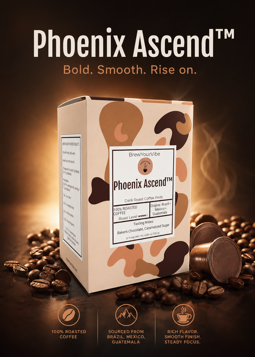 PHOENIX ASCEND™ — Dark Roast Coffee Pods (12 Ct) - Tasting Notes: Rich Bakers Chocolate • Caramelized Sugar - Origins: Brazil • Mexico • Guatemala