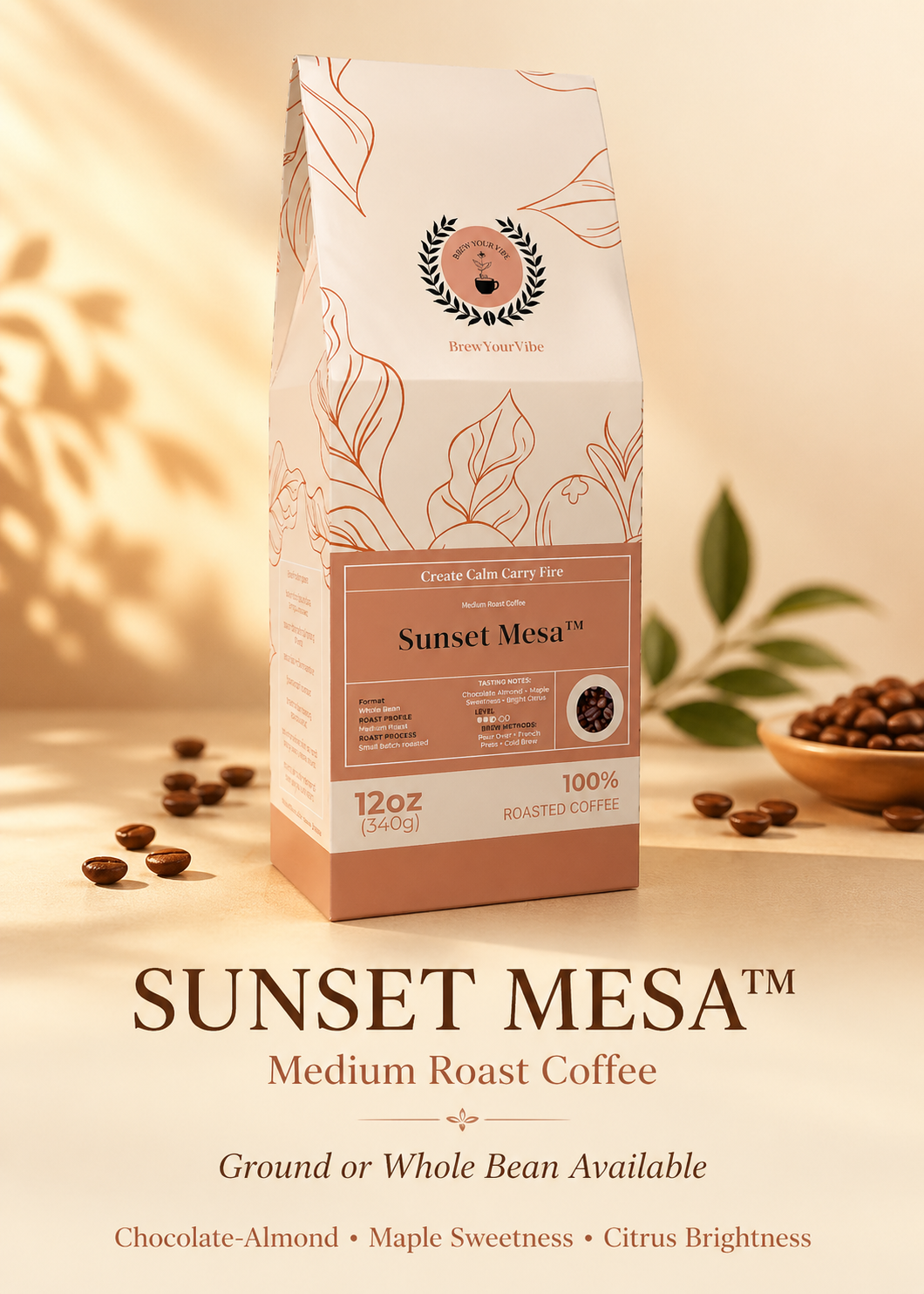 SUNSET MESA™ — Medium Roast Coffee (Ground)  Tasting Notes: Chocolate-Almond • Maple • Citrus - Origins: Brazil • Mexico (Chiapas) — 100% Arabica