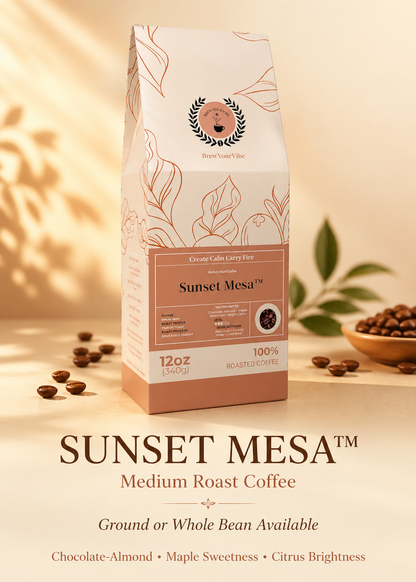 SUNSET MESA™ — Medium Roast Coffee (Ground)  Tasting Notes: Chocolate-Almond • Maple • Citrus - Origins: Brazil • Mexico (Chiapas) — 100% Arabica